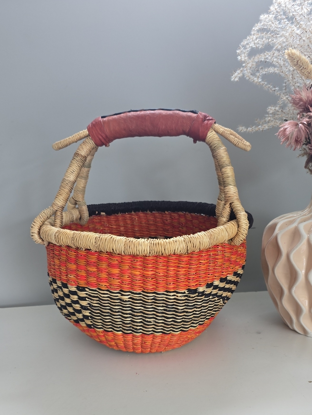 Small Handmade Woven Basket with Leather